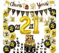 ERMWALR Ensemble de décorations de 21e anniversaire pour hommes et femmes, ballons décoratifs pour 21e anniversaire avec bannière, drapeau triangulaire, confettis et ballons en aluminium pour