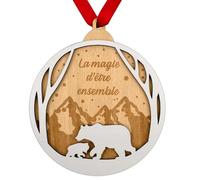 ERNESTINE - Boule de Noël personnalisée en Bois Bonheur Ensemble - décoration Sapin gravée pour la Famille - Boule en Bois personnalisée Unique et Artisanale - décoration de fête fabriquée en France