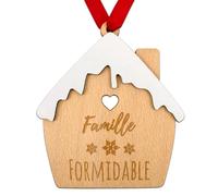 ERNESTINE - Boule de Noël personnalisée Maison enneigée Famille Formidable - décoration Sapin gravée pour la Famille - Boule en Bois personnalisée Artisanale - décoration de fête fabriquée en France