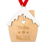 ERNESTINE - Boule de Noël personnalisée Maison enneigée Tribu Magique - décoration Sapin gravée pour la Famille - Boule en Bois personnalisée Artisanale - décoration de fête fabriquée en France