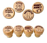 Ernestine - Lot de 4 Bouchons Rugby en Bois et Liège - Cadeau Apéro Homme Humoristique, Accessoire Bouteille Personnalisé, Fan de Rugby, Papa, Papi, Fête des Pères, Noël - Cadeau rugbyman apéro