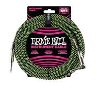 Ernie Ball Câble d’instrument tressé, connecteur droit et coudé, 3 m, noir/vert