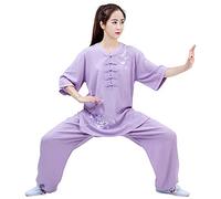 ERNP Qigong Vêtements Femme Été, Élégant Manches Courtes Été Lin Coton Linentai Chi Costume, Taichi Quan Lanterne Pantalontai Chi Quan Vêtements Pratique Vêtements Broderie (Apportez Un Ventilate