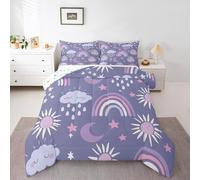 Erosebridal Parure de lit Arc-en-Ciel et Nuages pour Chambre d'enfant, lit jumeau, Housse de Couette Motif Soleil et Lune Lavande pour décoration de Chambre, Motif Dessin animé, 1 taie d'oreiller