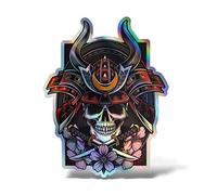 Erreinge® Autocollant holographique 12 cm Samurai Tête de mort Japon Sticker imprimé pour voiture, moto, mur, pare-chocs, ordinateur portable, coffre de vélo.