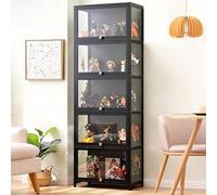 Errtsdb 5 Couche Vitrine Salon, Meuble Vitrine Verre Cadre en Bambou Naturel pour Collection de Figurines (Noir/Transparent sur Trois Côtés)