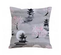 ERRTU Housse de Coussin 50x50 cm,Cerisiers en Fleurs. Paysage Japonais avec Lune et pagode, Motif sans Couture. Paysa,Housse Coussin Exterieur,Motif Décoratif Taie d'oreiller,Coussin Decoratif Canape