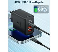 Ersan-2 Pack Chargeur Usb C 40w 4 Ports, Bloc Chargeur Rapide Pd Qc3.0 Rapide, Adaptateur Secteur Type C Pour Iphone 16/15/14/13/12 Pro Max, Samsung Galaxy S24/S23/S22, Ipad, Xiaomi, Huawei (Noir)