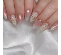 Ersan-24 Pièces De Fausses Ongles Almond Courtes Aurora, Ongles Collants Avec Motifs De Lunes Et Étoiles Français, Fausses Ongles Ovales Courtes Moyennes Lustrées Collantes