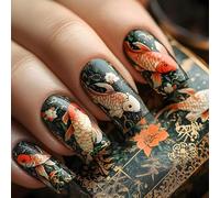 Ersan-24 Pièces De Jolis Ongles De Longueur Moyenne Noirs Avec Design De Poissons Koï Chanceux Ongles En Acrylique Exquis Poisson Chanceux Sur Ongles Ornement De Manucure