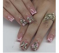 Ersan-24 Pièces Ongles Press-On Roses, Courts Et Carrés, Faux Ongles French Tip Avec Design En Boucles Argentées 3d, À Coller Sur Les Ongles