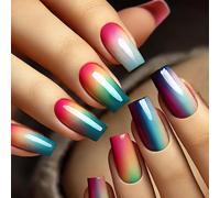 Ersan-24 Pièces Ongles Pressés Arc-En-Ciel Ombre Faux Ongles Carrés Moyens Réutilisables Printemps Été Autocollants