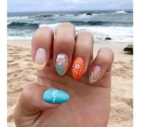 Ersan-24 Pièces Ongles Pressés Été French Tips Taille Moyenne Amande Faux Ongles Soleil Autocollants Ongles Éclat Orange Ligne Courbe Faux Ongles Vagues Gel Coller Ongles