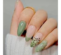 Ersan-24pcs Press-On Nails, Faux Ongles Paillettes Vertes Avec Colle, Petites Fleurs À Coller Ongles, Press-On Nails, Glitter Flower Glue-On Nails, Couverture Complète