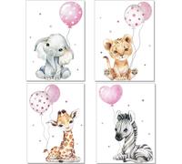 Ersan-Artpin® P64 Posters Décoratifs Pour Chambre D'enfant (Fille) - Motif Animaux De La Jungle + Ballon Gonflable - Gris/Rose