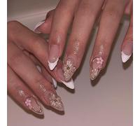 Ersan-Faux Ongles Court ,Amande Blanc Striped French 3d Fleurs Floral Or Cercle Design Y2k Press On Nails Avec Colle À Ongles,White Tips Flowers Été Ins Sweet Fake Nails