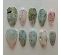 Ersan-Faux Ongles Court ,Amande Lac Des Jardins Garden Lake Chat Bow Papillon Florido 3d Pearl Crystal Sweet Rose Bleu Vert Press On Nails Avec Colle À Ongles,Flower Été Ins Fake Nails