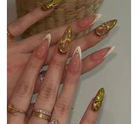 Ersan-Faux Ongles Court ,Amande Nude Blanc French 3d Rose Fleurs Florales Or Gold Aura Wellenlinie Été Étoile Press On Nails Avec Colle À Ongles,Flowers Y2k Ins Fake Nails