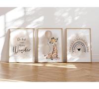 Ersan-® I Bilder Chambre D'enfant,Lot De 3 Posters Din A4,Tableau Mural,Images Décoratives Pour Chambre D'enfant Fille Et Garçon,Poster Mural De Qualité Supérieure (Girafe Et Ballon Beige)