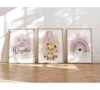 Ersan-® I Bilder Chambre D'enfant,Lot De 3 Posters Din A4,Tableau Mural,Images Décoratives Pour Chambre D'enfant Fille Et Garçon,Poster Mural De Qualité Supérieure (Lion Et Ballon Rose)