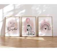 Ersan-® I Images Pour Chambre D'enfant - Lot De 3 Posters Format A4 - Tableaux Muraux - Poster Pour Chambre D'enfant - (Zèbre Et Ballon Rose)