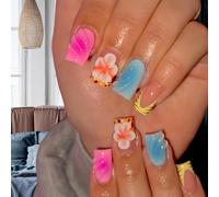 Ersan-Lot De 24 Faux Ongles Carrés À Presser Pour Le Printemps, Motif Vagues Et Fleurs 3d, Avec Colle Gelée, Dégradé Rose/Bleu