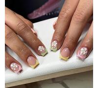 Ersan-Lot De 24 Ongles Autocollants Courts Carrés Avec Décorations En Relief Troisième Dimension Et Motifs Floraux