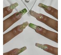 Ersan-Ongles Pression Longs Carrés Faux Ongles Vert French Tip Ongles Adhésifs Design Vagues 3d Ongles Acryliques 24 Pièces Faux Ongles Faits Main Squoval Manucure Artificielle