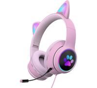 ERSHI-Casque de jeu avec oreilles de chat mignons, pliable, extensible et filaire, avec microphone, son stéréo, lumineux, rose[1399]