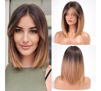 Ershi-Haircube Femmes Perruque 16 Pouces Brun Et Cuivre Blond Perruque Femmes Rideau Poney Femmes Perruque Synthétique Avec Frange[5