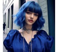 Ershi-Perruque Courte Et Ondulée Avec Épaules Air Bangs Pour Femme (Bleu Ombré)[1503]