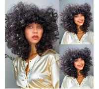Ershi-Perruques Courtes Et Bouclées Pour Femmes Noires - Perruque Afro Bouclée Avec Frange - Cheveux Synthétiques Ondulés Et Ondul[1