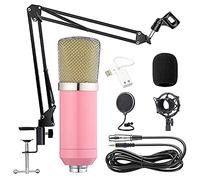 ERSINIAN Kit Microphone à condensateur pour Gaming, Compatible PC avec Prise Jack 3,5 mm, Bras articulé réglable, Suspension Antichoc, idéal pour l'enregistrement et la Diffusion en Studio (Rose).
