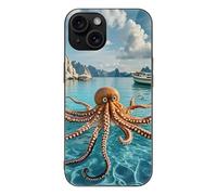 ERSTSNCK Compatible avec iPhone 15, coque de téléphone élégante en forme de pieuvre et bateau, coque de téléphone élégante pour homme et femme, en verre trempé, résistante aux chocs, pour 15 Pro, noir