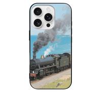 ERSTSNCK Compatible avec iPhone 16, coque motif train à vapeur au bord de la mer, coque de téléphone élégante pour homme et femme, en verre trempé, résistante aux chocs, pour 16 Pro, noir