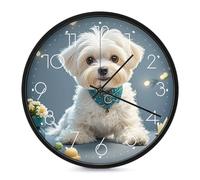 ERSTSNCK Jolie horloge murale décorative en forme de chien maltais - Silencieuse - Sans tic-tac - Pour salon, chambre, salle de bain, cuisine, bureau, appartement - 25,4 cm - Blanc