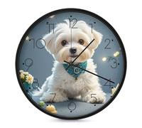 ERSTSNCK Jolie horloge murale décorative en forme de chien maltais - Silencieuse - Sans tic-tac - Pour salon, chambre, salle de bain, cuisine, bureau, appartement - 25,4 cm - Noir