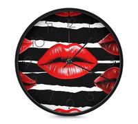 ERSTSNCK Red Lips Kiss Horloge murale décorative silencieuse sans tic-tac pour salon, chambre, salle de bain, cuisine, bureau, appartement ou cadeau Noir 25,4 cm