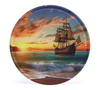ERSTSNCK Tableau mural rond en fer à suspendre motif bateau pirate au coucher du soleil - Œuvre d'art pour salon, chambre à coucher, cuisine, maison, bureau - Taille unique