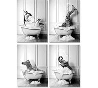 ERTLKP Lot de 4 tableaux pour salle de bain, décoration en noir et blanc, motifs animaliers drôles de girafe, éléphant, zèbre et pingouins dans la baignoire, sur toile, sans cadre, 20 x 30 cm