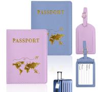 Ervoxo Étui Pour Passeport Avec 2 Pièces, Housse De Passeport Et 2 Étiquettes À Bagages Rose Et Bleu, Cuir PU Imperméable Pour Voyage, Affichage Europe Et Avion