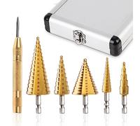 ERWEY Lot de 5 forets étagés en métal avec boîte à outils en aluminium HSS - Kit professionnel avec perforation automatique des grains 4-12 mm/3-13 mm/4-20 mm/4-32 mm/5-35 mm