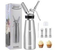 ERWEY Siphon Chantilly 500ml, Siphon à Chantilly en Aluminium, Siphons de Cuisine avec 3 Douilles et 1 Brosse de Nettoyage, Siphon de Chantilly pour Décoration Patisserie et Desserts, Argent