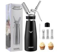 ERWEY Siphon Chantilly 500ml, Siphon à Chantilly en Aluminium, Siphons de Cuisine avec 3 Douilles et 1 Brosse de Nettoyage, Siphon de Chantilly pour Décoration Patisserie et Desserts, Noir