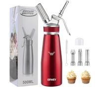 ERWEY Siphon Chantilly 500ml, Siphon à Chantilly en Aluminium, Siphons de Cuisine avec 3 Douilles et 1 Brosse de Nettoyage, Siphon de Chantilly pour Décoration Patisserie et Desserts, Rouge
