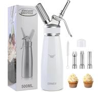 ERWEY Siphon Chantilly 500ml, Siphon à Chantilly en Aluminium, Siphons de Cuisine avec 3 Douilles et 1 Brosse de Nettoyage, Siphon de Chantilly pour Décoration Patisserie et Desserts, Blanc
