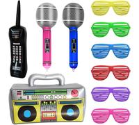 ERYI-1 Radio Gonflable + 1 Téléphone Portable Rétro Gonflable + 2 Microphones Gonflables + 6 Lunettes De Fête Stores Vénitiens, Accessoires De Fête Gonflables Années 80 90 Accessoires De Décoration D