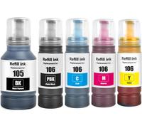 ERYI-105 106 Encre Compatible Avec Epson 105 106 Bouteille D'Encre Multipack Pour Ep L-7160 L-7180 Et-7700 Et-7750 (5-Pack, Noir/Noir Photo/Cyan/Magenta/Jaune)