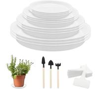 ERYI-12 Pièces Coupelle Pot De Fleur, 22.5/17.5/16.5/12.5 Cm Assiette Pot De Fleur Avec 20 Etiquette Potager Et 3 Jardinage Outillage, Soucoupes Pour Plantes Pour Intérieur, Extérieur, Jardin