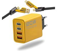 Eryi-120w Gan Wall Charger 4 Port With 4 In 1 Metal Usb 27w 65w Fast Charging Braided Cable, Compatible With Iphone, Ipad, Macbook, Earphones, Samsung Galaxy, Xiaomi, Huawei, Google Pixel